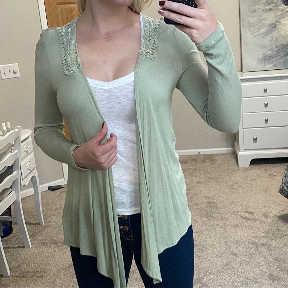 BCBG open sweater with crochet details
